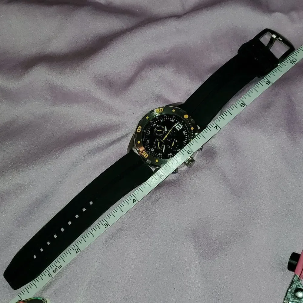 Mens Large Victory Instruments 5077 Chrono Watch Black & Yellow Date‎ 3 Subdials